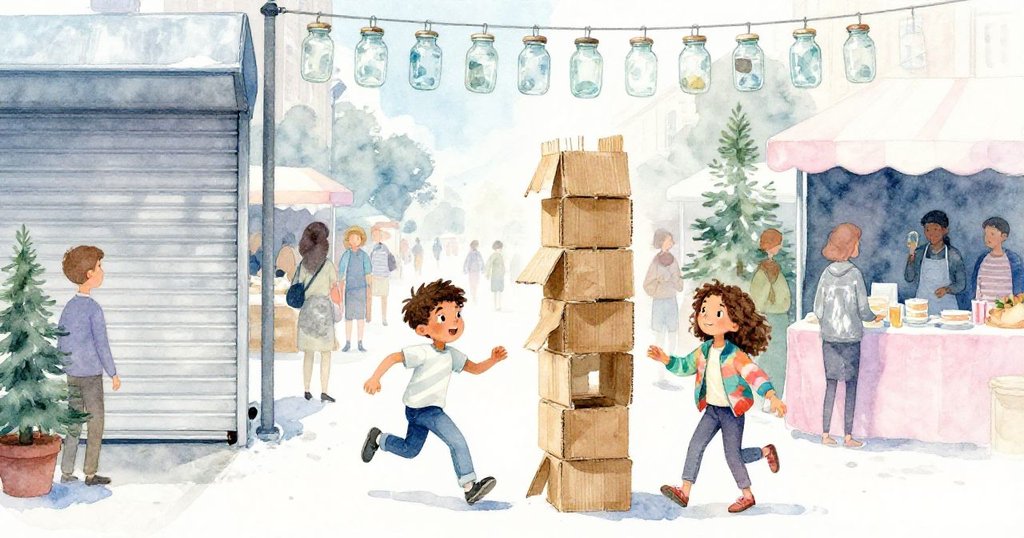 Wade與Mae在熱鬧市集中奔跑，金屬百葉窗緩下，人群熙攘，表情興奮，展現都市市場活力與冒險開始。