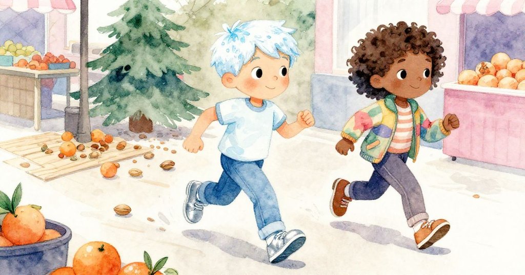 Wade與Mae奔跑中，鞋子摩擦散落堅果與橙子，地面木質細節豐富，展現急迫追逐冒險氛圍。