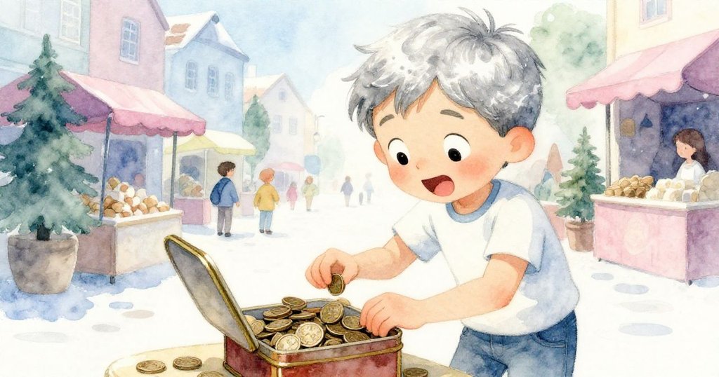 Wade驚喜發現銅幣錫盒，臉上洋溢著歡樂與期待，細節清晰，展現追逐冒險高潮情境。