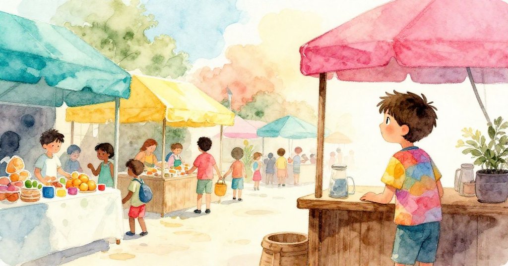 Eli站在熾熱市集中，依靠木攤輪廓分明，背景充滿鮮豔陽光，他神情平靜期待市場奇遇。