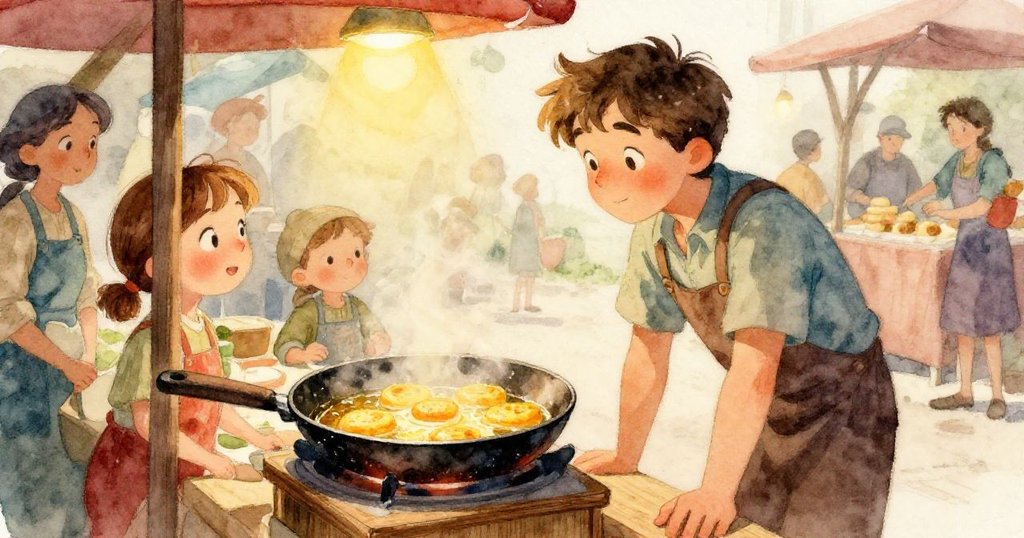 Eli凝視煎鍋邊，眼眸中閃爍興奮光芒，臉上滿是期待與快樂，背景隱約見市集景緻。