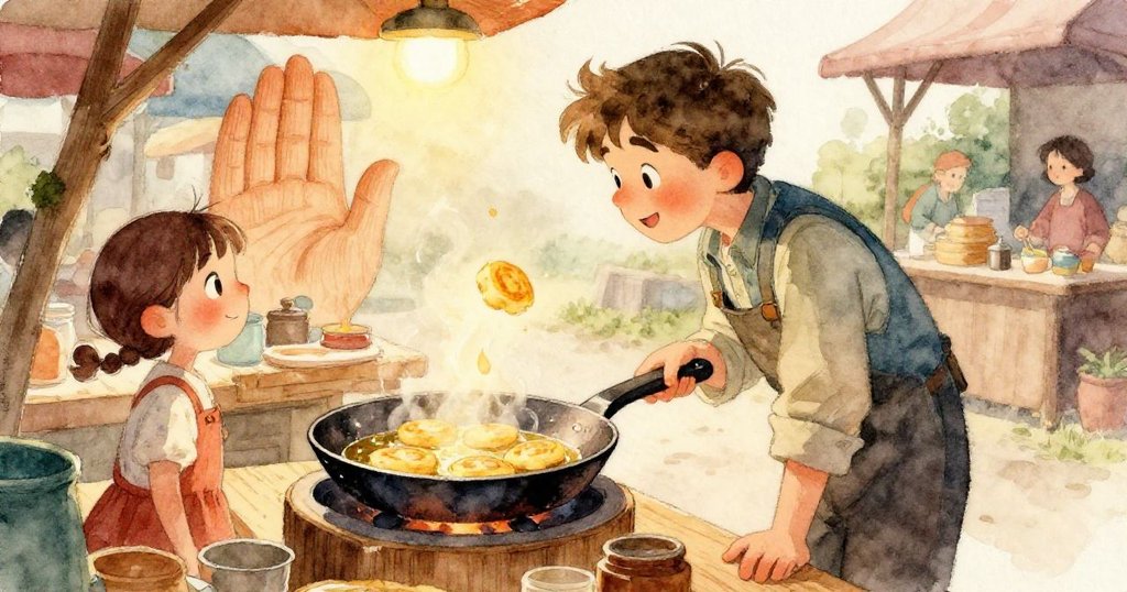 Eli快速出手阻止玻璃罐滑落，動作敏捷在傾斜角度中呈現緊急氣氛，背景露出市集活躍細節。