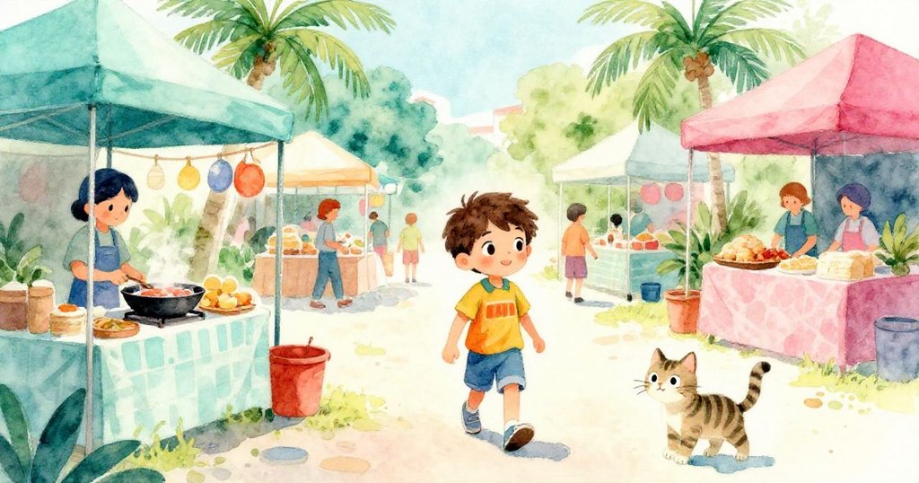 Eli走在繁忙市集中，靠近燒烤爐，陽光和微風洗禮場面，攤位和條紋貓共同營造熱鬧溫馨氣氛。