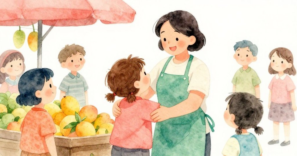 綠圍裙攤販與鄰居溫柔擁抱，後景桃子攤與微笑顧客映襯出市集溫馨人情，情感真摯動人。