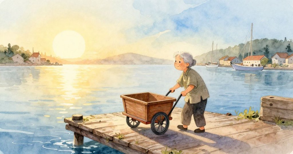 老師推著手推車在碼頭上行走，海面反射晨光，畫面平靜而充滿期待，細節豐富展現港口風情。