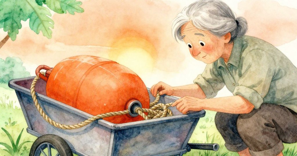 老師專注地檢查手推車上的橘色浮標與捲繩，畫面細膩，物件充滿故事感，背景淡化突出主角。