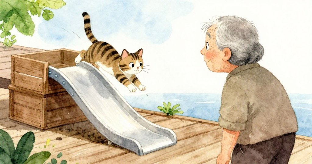 老師背影中注視著滑動木箱和躍起的條紋貓，畫面動態十足，充滿緊張與轉折感。