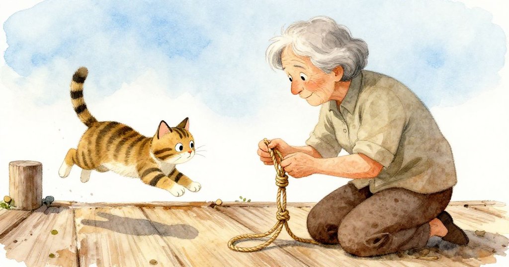老師急切檢查斷裂繩結，條紋貓在旁邊警覺跳躍，畫面情感豐富互動和疑惑神情交織。