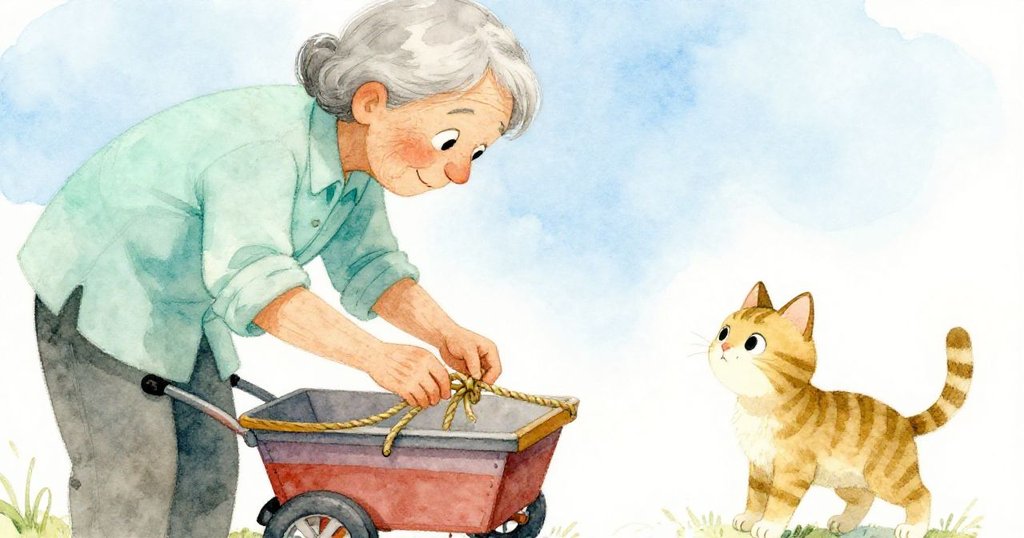 老師溫柔放置繩結於手推車，條紋貓近距關注，畫面呈現靜謐交換情懷，充滿溫馨理解。