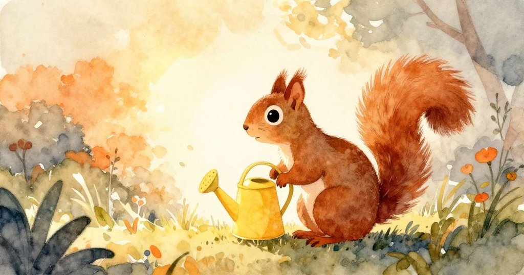 小松鼠在溫暖陽光下,躲在明亮澆水壺後展現動態剪影,充滿好奇與活力的情節起始。