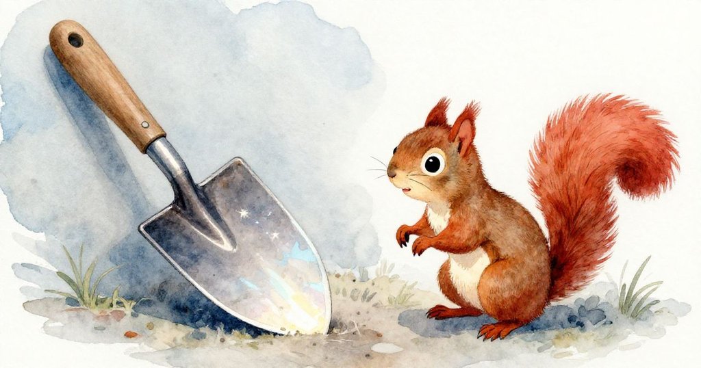 小松鼠好奇地觸碰涼爽的鏟子,鏟柄和閃光刀片細節清晰展現,背景呈現花園陰影中的溫柔氛圍。