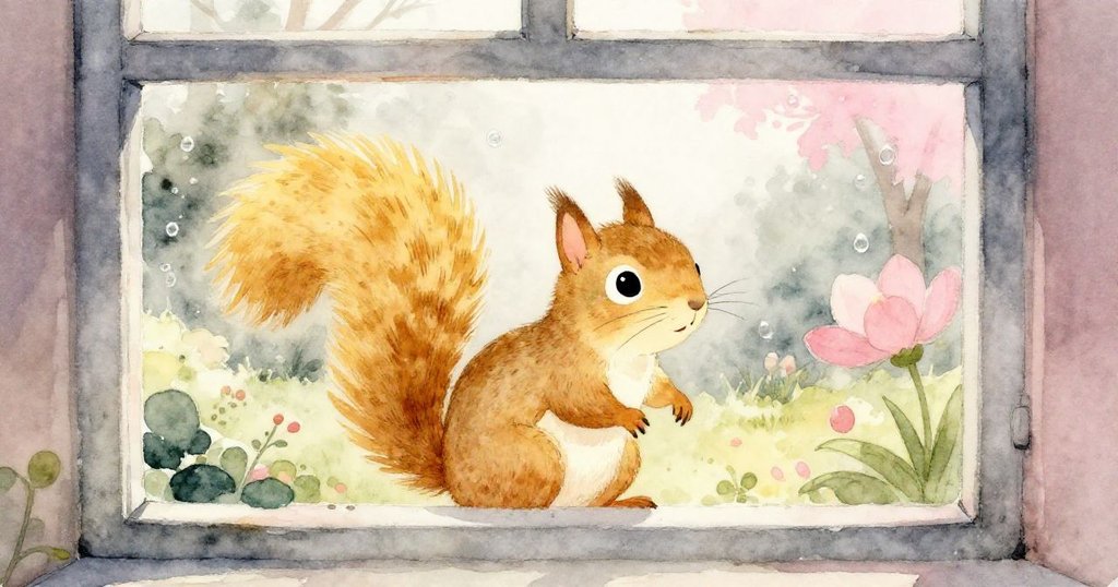 小松鼠透過鄉村窗框觀察花園,澆水壺冒出蒸氣滴落於架子上,牠充滿驚喜與好奇。