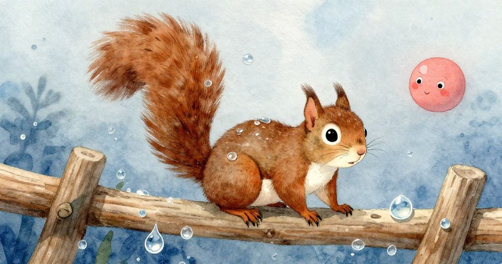 小松鼠背上落下透明水滴,如沉浸於水中般呈現魔幻效果,細膩展現花園中流動的柔美律動。