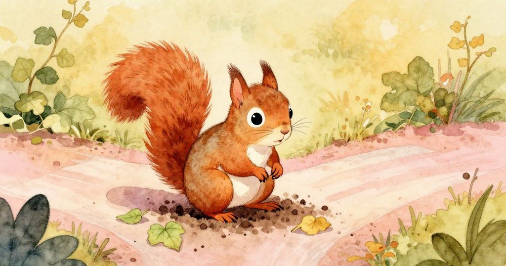 小松鼠在花園中停下,用爪輕壓涼土,散落葉片與溫暖光影呈現自然平衡下的抉擇瞬間。