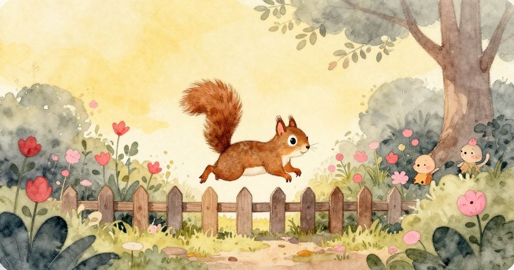 小松鼠越過矮柵欄進入寧靜花園,夕陽餘暉下展現輕盈身影,最後以平和心情享受自然寧靜。