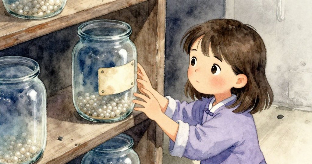 高角度下，珍珠低頭觀察陳舊貨架上玻璃罐與標籤，展現謙卑細緻的探索神情