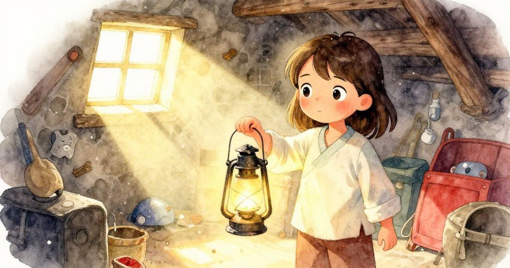 地窖中，珍珠提燈探索，陽光透窗灑下暖光，塵埃與老物件交織出溫馨神秘的氣氛