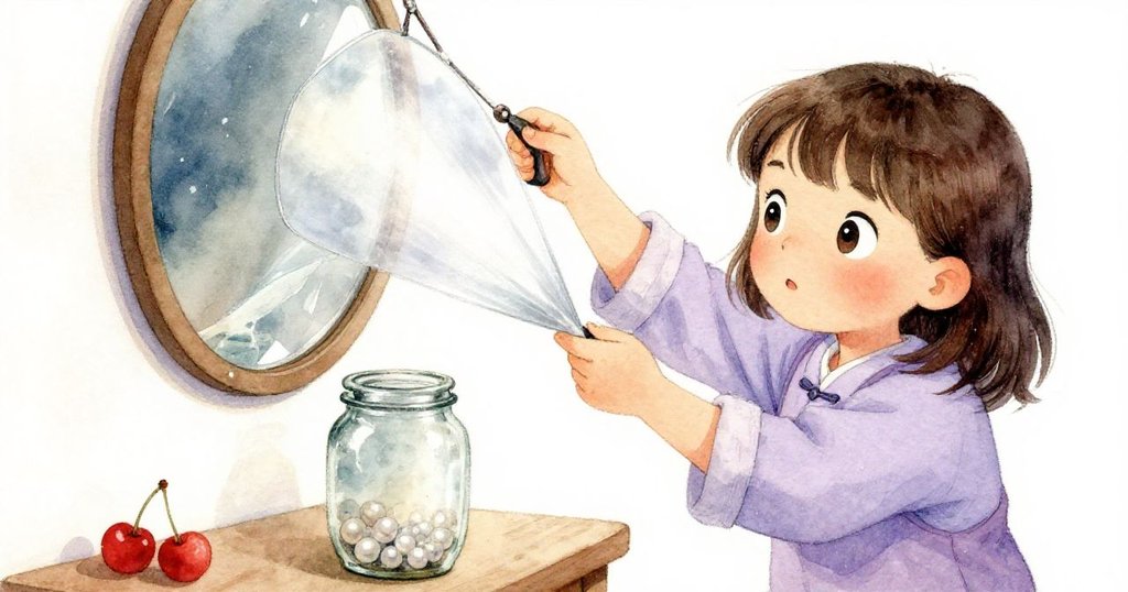 珍珠巧妙用反光器調整光線，照亮玻璃罐標籤，她神情專注且充滿發現喜悅