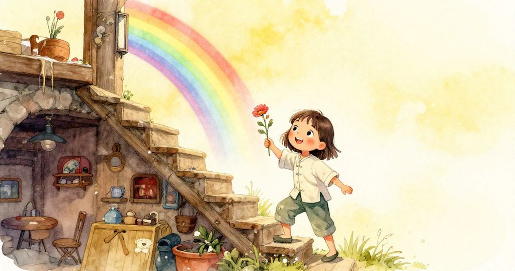 夕陽餘暉下，珍珠帶著乾花上樓，彩虹光芒瀰漫溫馨地窖，畫面充滿希望與完成探索的喜悅