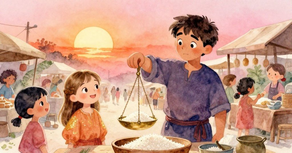 薩姆在熱鬧市集忙碌倒米，阿達微笑確認計量，背景充滿人群與明亮晨光，呈現歡樂情境。