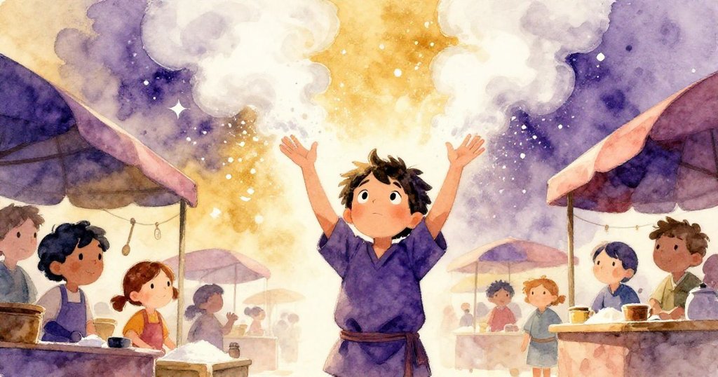 以低角度展現薩姆奮力阻擋傾瀉的鹽粉，白色麵粉如煙霧般沖天，畫面充滿戲劇性與動感。