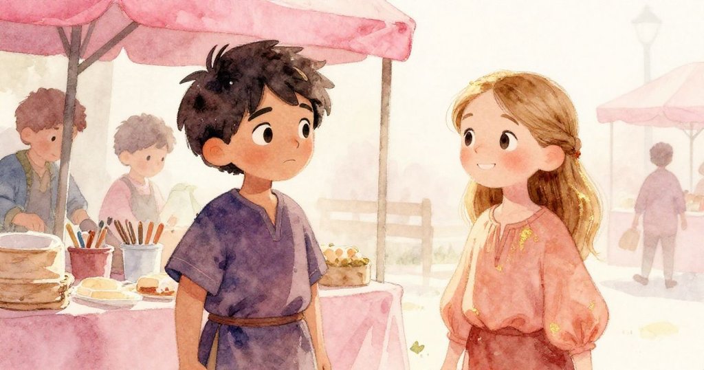 市集從忙碌逐漸平靜，薩姆與阿達靜觀攤位餘留麵粉痕跡，溫柔光線中呈現時光流逝。