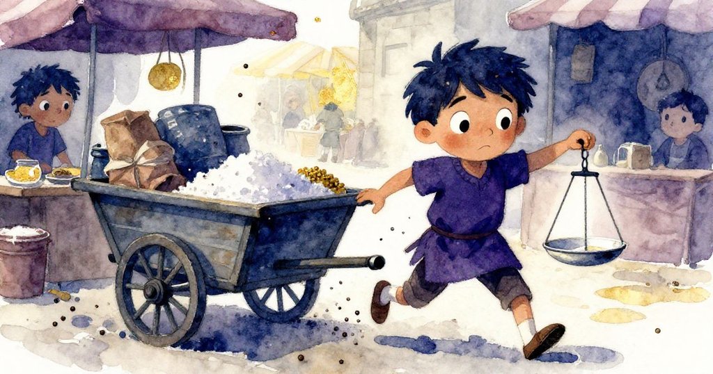 混亂時刻，薩姆焦急抵擋傾瀉鹽粒與散落胡椒，背景中小車劇烈搖晃，緊張氛圍彌漫。