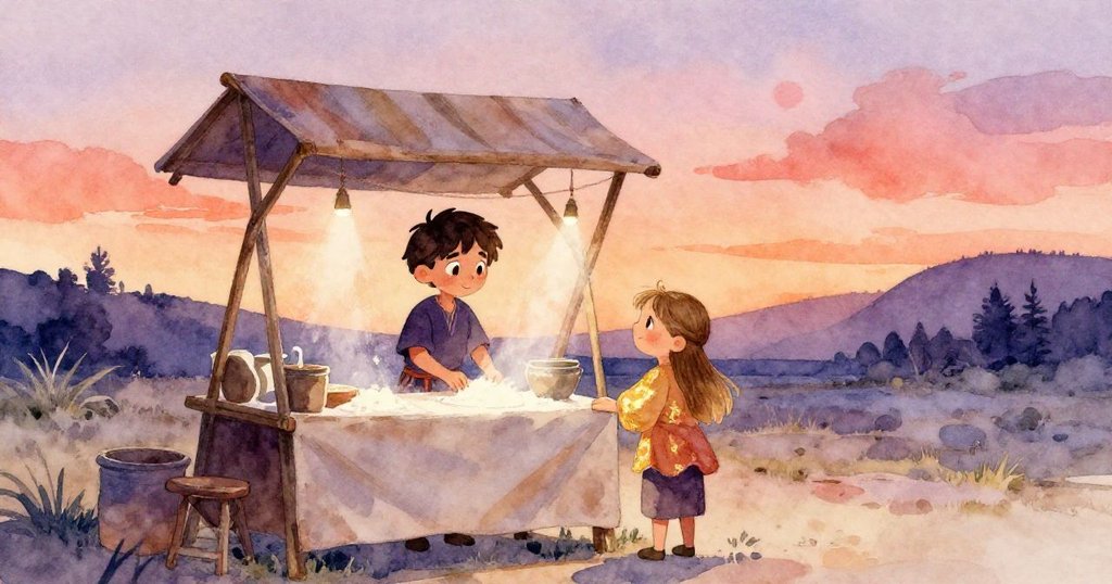 市集恢復寧靜，薩姆與阿達整理攤位並露出微笑，夕陽下麵粉輕舞，氛圍溫暖平和。