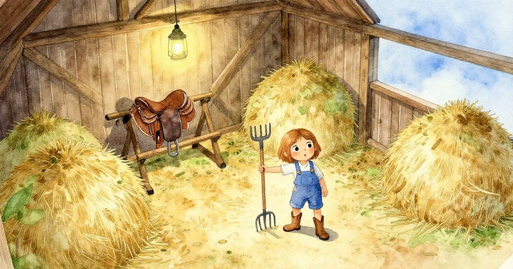 在閃爍燈光映照下,Fern在農舍內伸手取耙子,稻草堆、馬具與燈光交映,展現出好奇與期待的情緒。