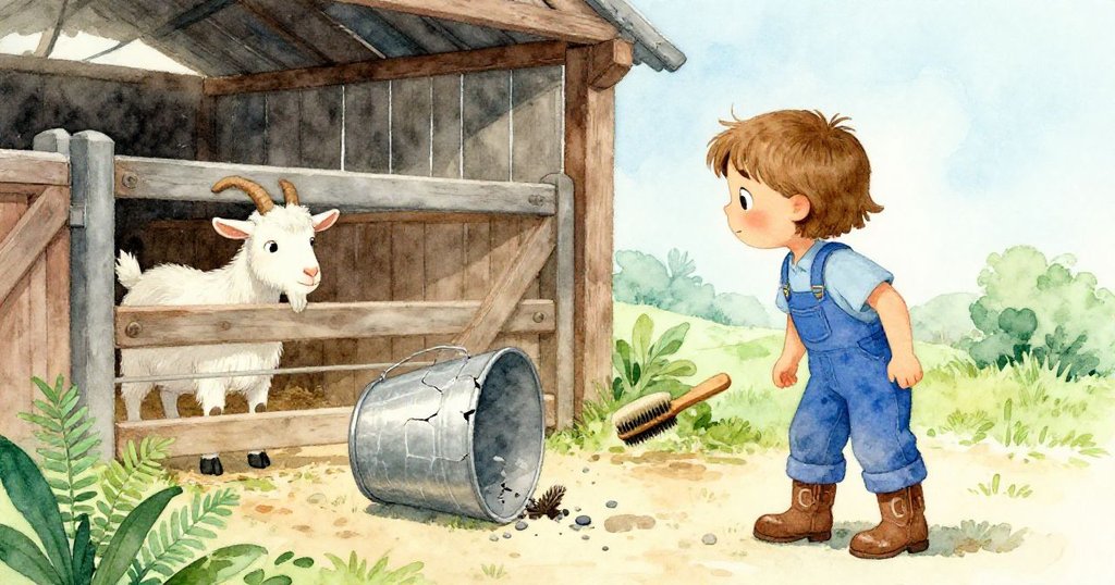 Fern從背後望向移動中的桶子與滑動的刷子,隻山羊好奇從門中探出頭,農舍細節豐富,充滿驚喜。