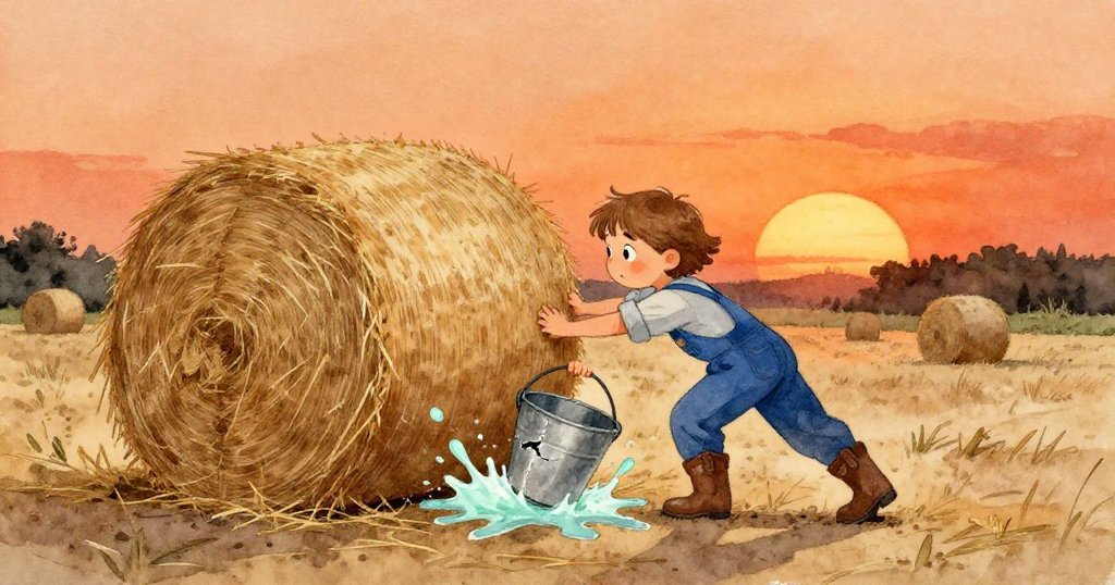 傍晚金光中,Fern用力推動稻草堆,使破裂的桶子濺出水花,映襯著農舍黃昏的溫暖動態,情緒專注。