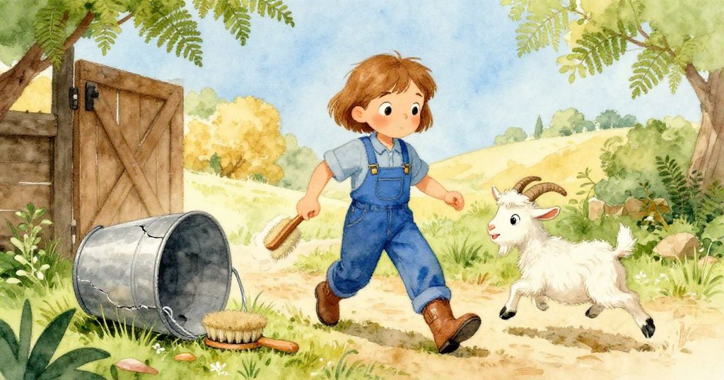 桶子破裂引發連鎖動作,刷子滑動推動門扉,山羊快樂追逐,Fern站旁觀察,場景充滿活力與歡樂氣氛。