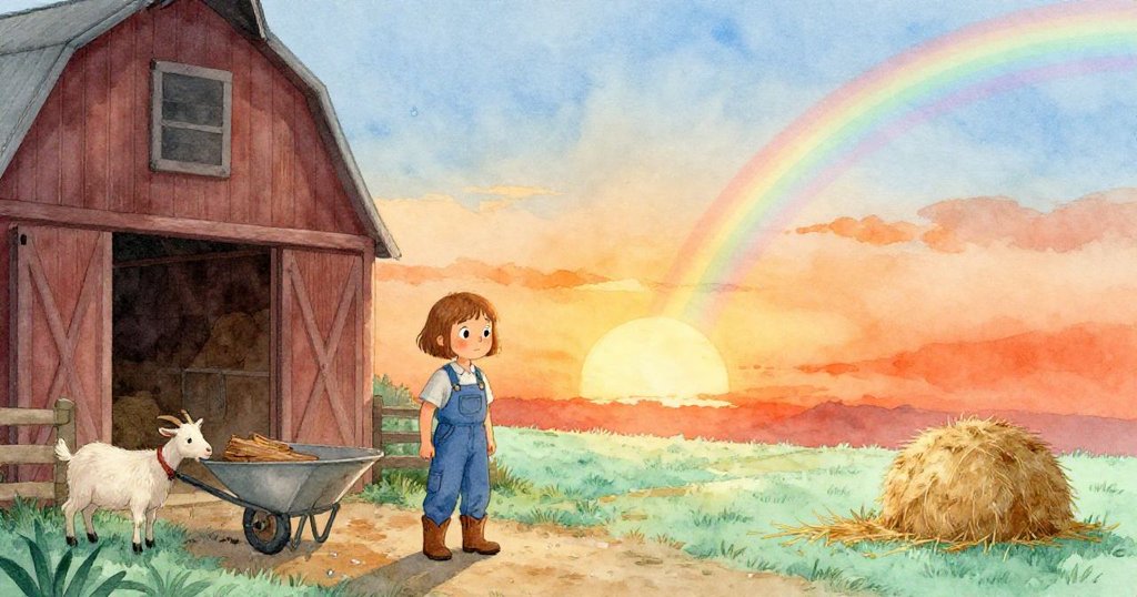 夕陽餘暉中,Fern靜立觀望,手推車旁稻草堆及滴水場景中,山羊嗅探濕木板,溫馨結尾洋溢平靜情懷。