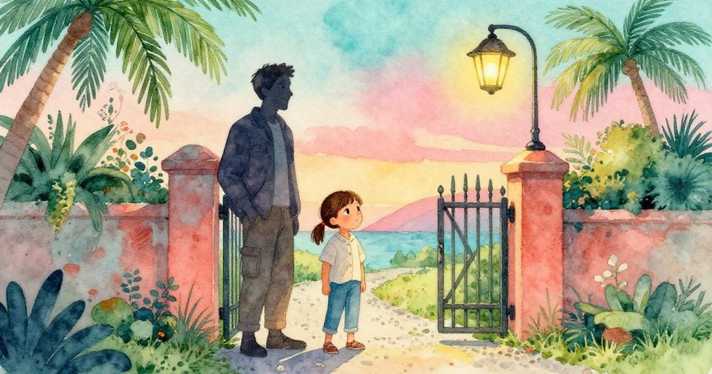 Hugo 與 Lily 在閃爍的金屬燈下邁步於石砾小徑前，大門剪影映襯夜色中充滿期待與決心的氣氛。