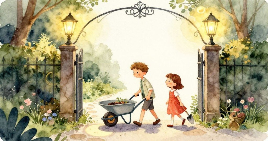 Hugo 與 Lily 的手專注操作手推車與鏟子，細膩展現工具質感及溫暖色調中的互動情景。