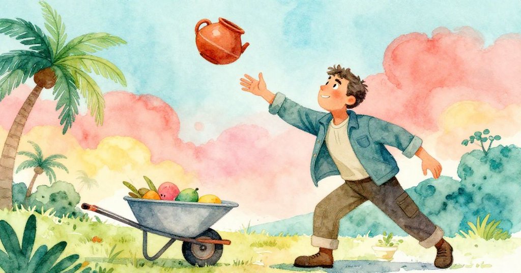 Hugo 鬥志昂揚地仰望，奮力接住飛起的陶罐，臉上展露決心與緊張，燈光柔和映襯著動感場面。