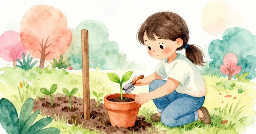 Lily 在清新花園中細心整理陶罐旁的土壤，新綠芽堅強冒出，神情溫柔充滿愛心與希望。