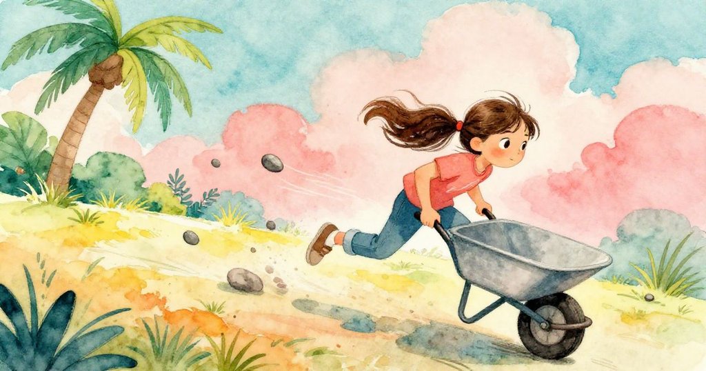 Lily 積極追趕快速下滑的手推車，急忙抓住車把，石子四散飛揚，表情緊張卻充滿活力。