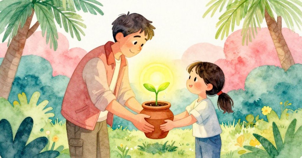 Hugo 與 Lily 平靜地固定陶罐，新綠芽滴水，燈光溫暖映襯下兩人相視微笑，結束緊張後迎來安寧和喜悅。