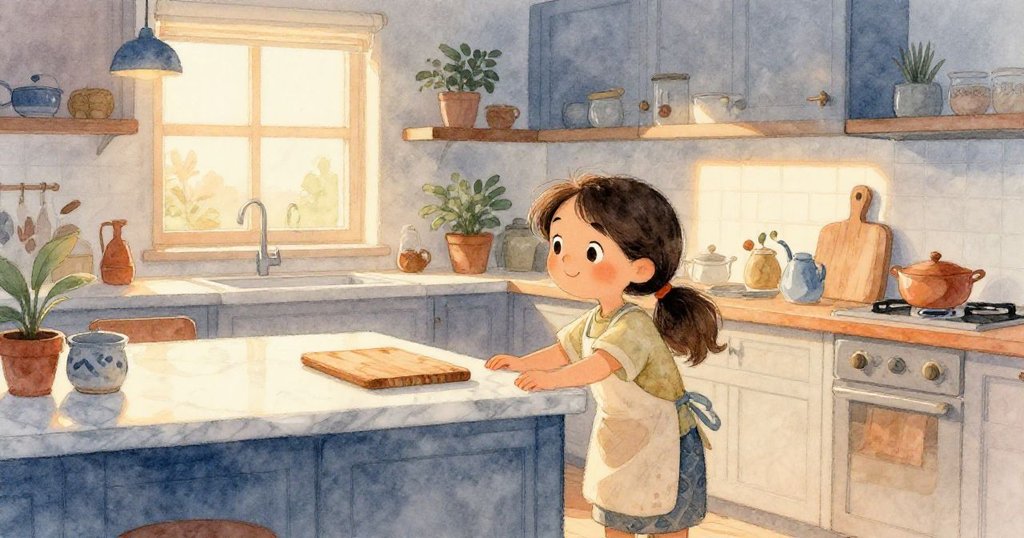 莎拉在明亮溫馨的廚房內迎著晨光走進來,手持木板,輕觸大理石檯面,表情充滿期待與活力。