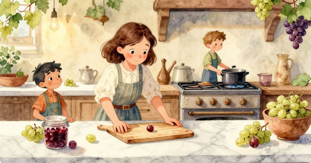 莎拉的手輕觸冰涼的大理石檯面,展現出木板與葡萄的豐富質感,充滿細膩溫馨的互動。