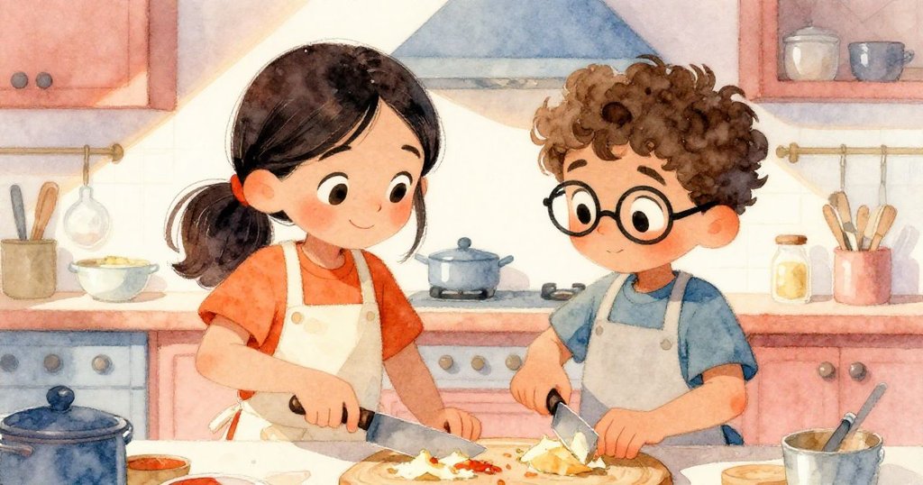 莎拉與西奧在溫馨廚房裡忙碌配合,莎拉揮刀切菜,西奧攪拌鍋中食材,臉上充滿驚喜與快樂的互動場景。