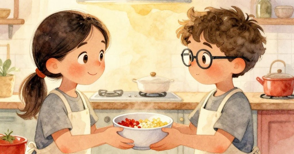 在溫暖的廚房裡,莎拉溫柔地將盛有食材的碗遞給西奧,兩人眼中滿是欣賞與合作的溫情,結尾充滿柔美感動。