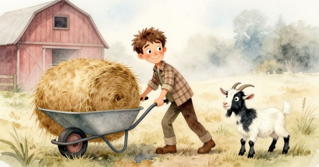 赫克托在晨霧籠罩的古樸穀倉中推著草捆上推車，旁邊好奇的花斑山羊注視著，神情專注而愉悅。