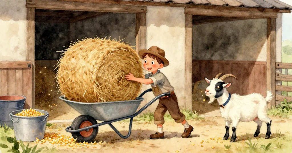 赫克托的手細緻地調整草捆堆疊，展現出溫暖穀倉中專心動作的觸感與細節。