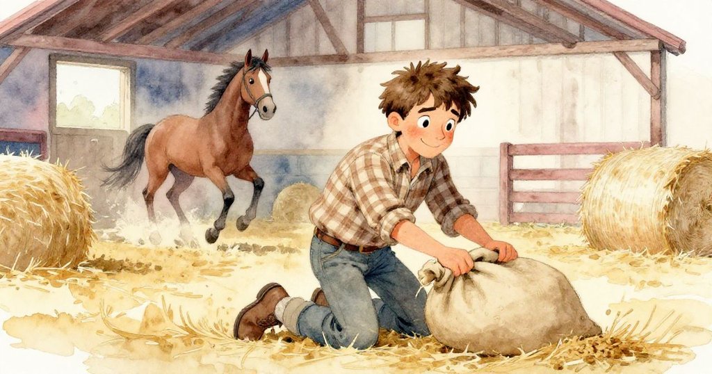 赫克托在木製穀倉中跪下調整草捆，低角度呈現滑動穀袋與背景馬蹄的拍打，動態張力十足。