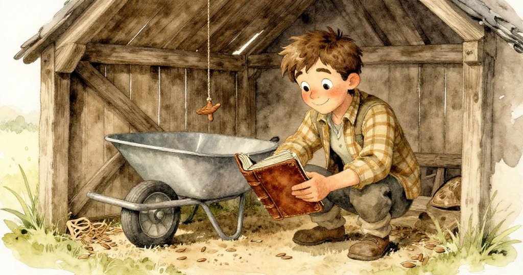 赫克托在穀倉隱秘角落發現了舊皮革日記，從倒翻的推車下拾起，神情驚喜中帶著一絲神秘。