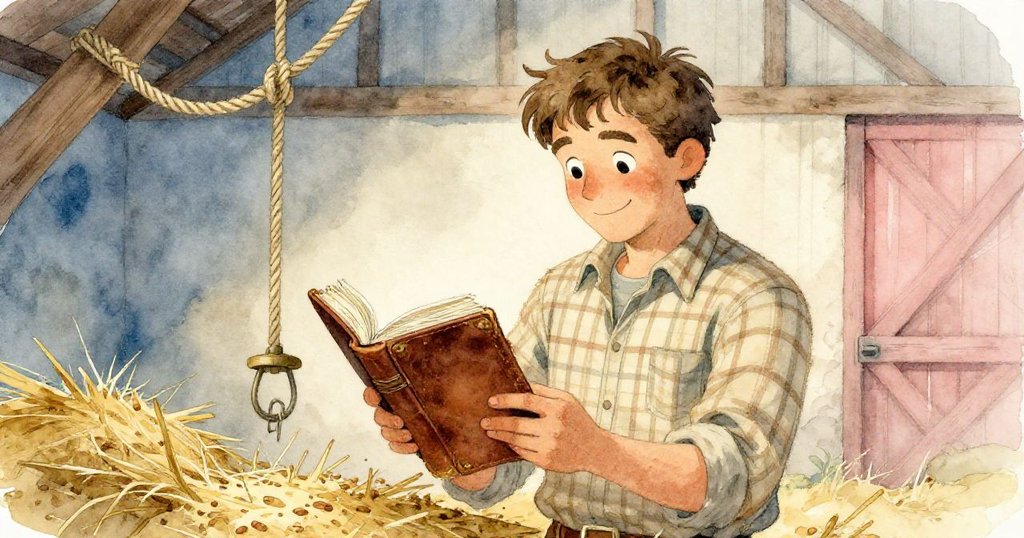 赫克托在穀倉亂麻中果斷選擇拾起舊日記，面帶微笑，神情堅定，背景中有搖擺繩韁和灑落穀粒。