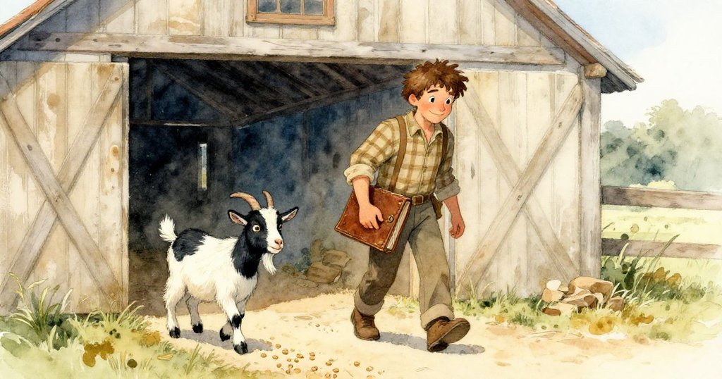 赫克托手持日記離開溫暖穀倉，身後花斑山羊沿穀粒小徑跟隨，告別場景洋溢著溫馨與惜別情懷。