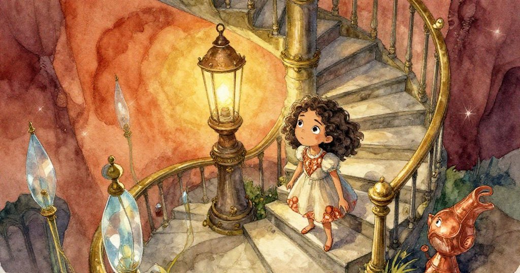 Luna站在石階上，從鳥瞰角度看見旋轉樓梯與古老燈籠，風輕拂玻璃與銅飾，充滿期待與好奇。